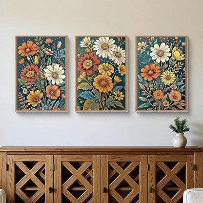 HOURIA Spring Boho Vintage Floral Framed Canvas Wall Art Set,Nordic Retro Colorful Wildflower & Green Leaves Wall Decor,Abstract Vibrant Bouquet Botanical Artwork for Living Room, Bedroom,Farmhouse-16"x24"x3