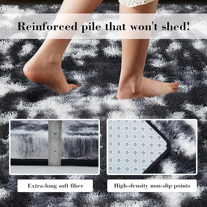 Fluffy Rug Shag Area Rug, Mottling Black 3x5 Area Rugs for Bedroom, Small Bedside Rug, Soft Fluffy Shag Entryway Throw Rugs for Living Room Bedroom Kids Room Home Decor