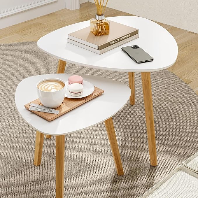BAMEOS Bamboo Nesting Triangle End Table,Set of 2 Side Table Modern Minimalist Coffee Table for Living Room, Balcony in White