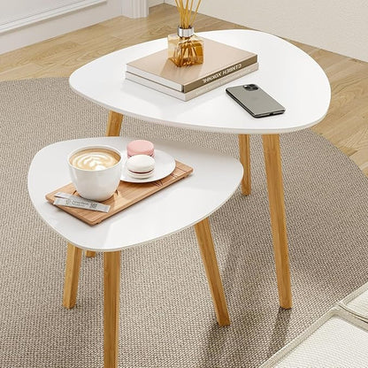 BAMEOS Bamboo Nesting Triangle End Table,Set of 2 Side Table Modern Minimalist Coffee Table for Living Room, Balcony in White