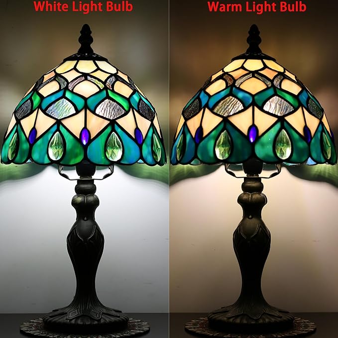 Tiffany Style Lamp Stained Glass Table Lamp 8" x 14.5" Mini Accent Light Blue Phoenix Tail Design Small Decorative Bedside Memory Lamp