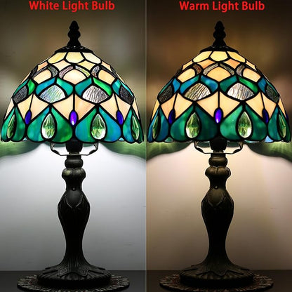 Tiffany Style Lamp Stained Glass Table Lamp 8" x 14.5" Mini Accent Light Blue Phoenix Tail Design Small Decorative Bedside Memory Lamp
