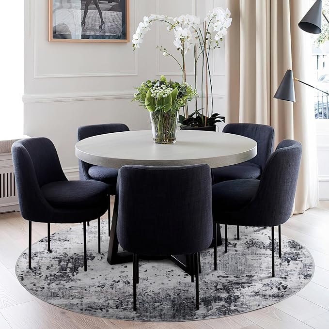 ROYHOME Modern Abstract 4x4 Round Area Rug Non Slip Non Shedding Rug Low Pile Stain Resistant for Bedroom Living Room Office Dining Room,Grey