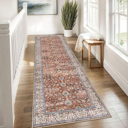 KUTA Vintage Washable Runner Rug, 2.6x8 Red Clay Runners for Hallways Non-Slip Kitchen Rugs Ultra Thin Soft Printed Distressed Oriental Floral Floor Carpet for Laundry Bedroom Living Room Nursery