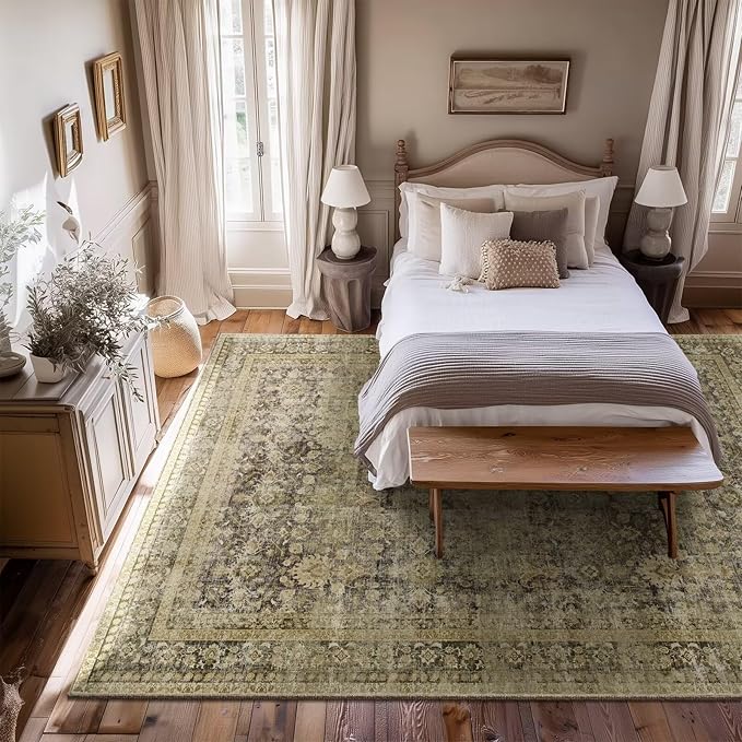 Washable 6x9 Area Rugs for Living Room, Boho Non-Slip Vintage Distress Large Rugs for Bedroom Dining Room Nursery Office, 0.3" Neutral Oriental Throw Thin Carpet, Moss/Yellow/Multi, C3