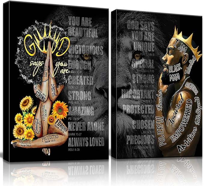 2 Pecs Framed Black King and Queen Wall Art Black Couple African American Men Portrait Wall Art Black Men Art Afro King Poster Abstract Contemporary Canvas Prints Painting Home Decor for Bedroom
