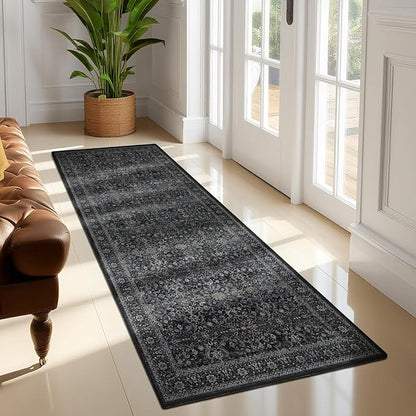 Dark 2x7 Hallway Runner Rug Non Slip, Vintage Charcoal Entryway Rugs for Inside House Mudroom, Kitchen Runner Rugs Non Skid Washable, Carpet Runner for Bathroom Laundry Room Bedroom, Midnight