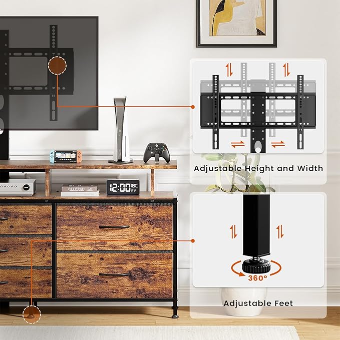 REAHOME TV Stand with Mount, 63" Entertainment Center for 32/45/55/60/65/70 inch TVs, Media Console Table with 7 Drawers, Height Adjustable Mount, Dresser TV Stand for Living Room, Rustic Brown