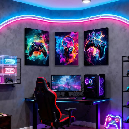 WENGTIAO 3Pcs Framed Gaming Canvas Wall Art Prints Cool Video Gamer Painting Neon Gamepad Headphones Posters Colorful Game Controller Pictures Esports Artwork for Teen Boys Bedroom Play Room 20x28in