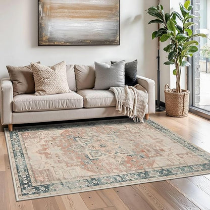 Rugxara 3x5 Orange Washable Entryway Rug, Non Slip Boho Runner Rugs for Hallway, Entrance, Kitchen, Bathroom, Laundry Room, Soft Entryway Carpet, Throw Low Pile Retro Imitation Wool Carpet, Coral