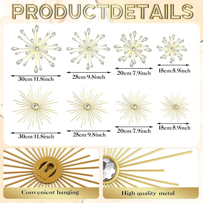 Blulu 8 Pcs Gold Metal Wall Art Cast Iron Starburst Wall Decor Bling Crystal Sculptures Living Room 3D Teardrop Radial Rhinestone Hanging Diamond Accents for Home Office Bedroom Entryway