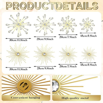 Blulu 8 Pcs Gold Metal Wall Art Cast Iron Starburst Wall Decor Bling Crystal Sculptures Living Room 3D Teardrop Radial Rhinestone Hanging Diamond Accents for Home Office Bedroom Entryway