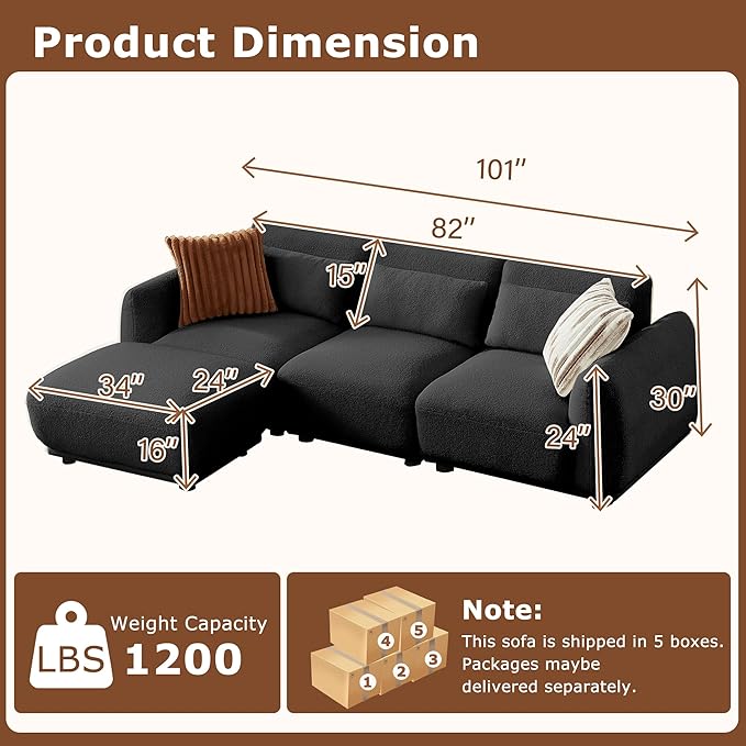 L Shaped Modular Sectional Couch with Removable Ottoman, Convertible Cloud Sofa for Living Room,Comfort Small Couch for Small Spaces(3 Set + 1 Ottomans - Black)