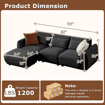 L Shaped Modular Sectional Couch with Removable Ottoman, Convertible Cloud Sofa for Living Room,Comfort Small Couch for Small Spaces(3 Set + 1 Ottomans - Black)