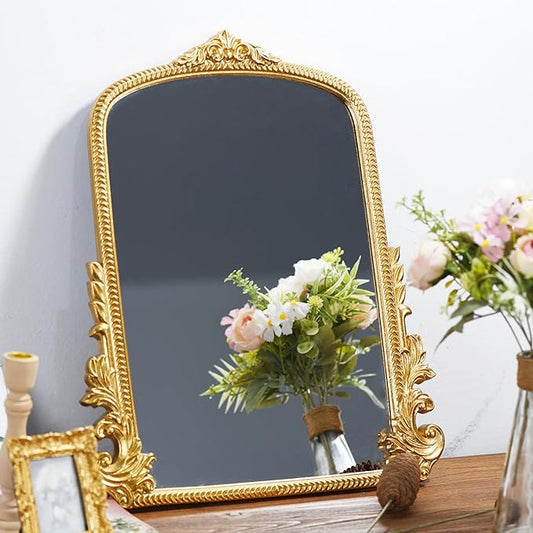 Gold Arched Mirror (15.9 * 19.8 inches) Ornate Baroque Arch Wall Mirror-for Living Rooms, Hallways, Fireplaces, Bathrooms, Entryways