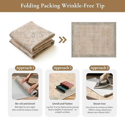 GENIMO 9x12 Area Rugs for Living Room, Machine Washable Non Slip Vintage Rugs, Low Pile Lightweight Chenille Print Rug for Bedroom, Dining Room, Home Office, Oatmeal Beige