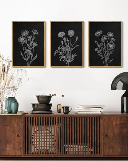 Drsoum Black White Flower Wall Art Vintage Minimalist Floral Wall Hanging Decor Botanical Prints Artwork for Office Dining Room Hallway 11x14in Natural Framed