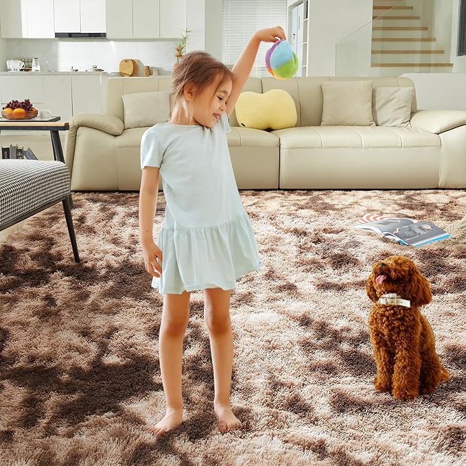Ultra Soft Rug for Living Room, 6X9 Fluffy Shag Area Rug for Bedroom, Modern Shaggy Carpet Fuzzy Rug for Teens Dorm Nursery Home Decor Aesthetic, Upgrade Anti-Skid Durable, Tie-Dyed Coffee