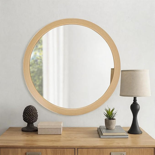 CULER Round Mirrors 24 Inch,Wood Vanity Wall Rustic Mirror, Natural Circle Tempered Glass Mirror for Bathroom Bedroom Living Room or Entryway