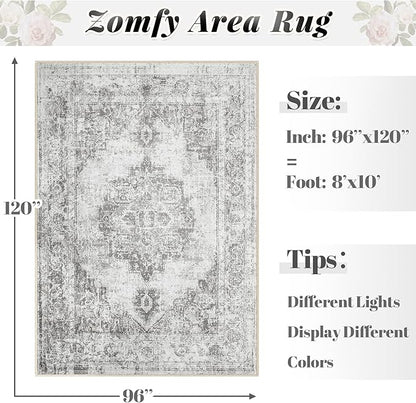 Area Rug 8x10 Vintage Rugs: Large Washable Indoor Medallion Rug Low Pile Distressed Floor Carpet Retro Accent Rugs for Living Room Bedroom Kitchen Dining Table Home Office(Grey, 8'x10')