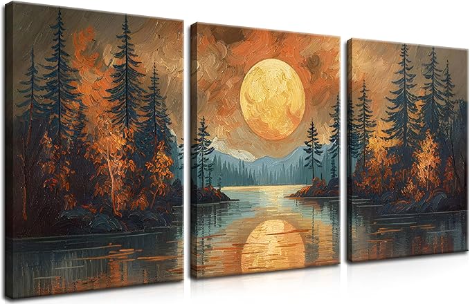 Framed Gold Mountain Forest Sunset Landscape Wall Art Set of 3, Abstract Boho Lakeside Forest Sunset Wall Decor, Vintage Nature Landscape Canvas Prints Poster for Living Room Bedroom Office 12x16 Inch