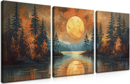 Framed Gold Mountain Forest Sunset Landscape Wall Art Set of 3, Abstract Boho Lakeside Forest Sunset Wall Decor, Vintage Nature Landscape Canvas Prints Poster for Living Room Bedroom Office 12x16 Inch