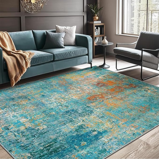 RELEANY Washable Area Rugs 9'x12' Non-Slip Modern Abstract Soft for Living Room Entryway Bedroom Nursery, Print Pattern, Teal Blue Green Orange Rust Red Coloreful