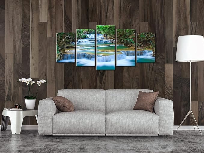 Wieco Art Peaceful Waterfall Canvas Prints Wall Art Green Trees Pictures Paintings for Living Room Bedroom Home Decorations Modern 5 Piece Stretched and Framed Forest Landscape Giclee Artwork