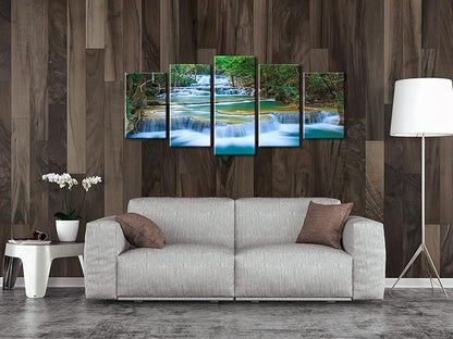 Wieco Art Peaceful Waterfall Canvas Prints Wall Art Green Trees Pictures Paintings for Living Room Bedroom Home Decorations Modern 5 Piece Stretched and Framed Forest Landscape Giclee Artwork