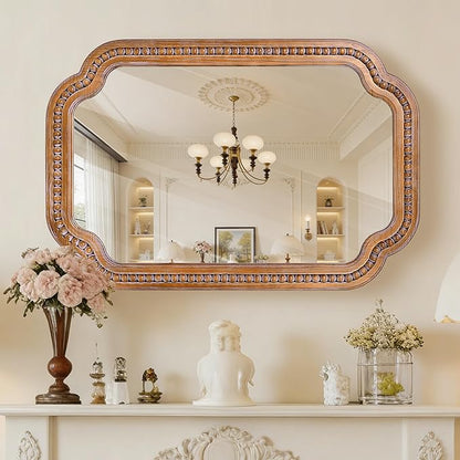 24x36 Inch Farmhouse Beaded Wall Mirror, Wood Scalloped Decorative Mirror, French Vintage Accent Mirror for Bathroom, Entryway & Glam Boho Decor