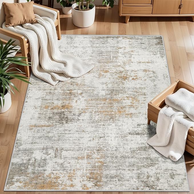 Tangsoo Abstract 3x5 Area Rug, Washable Non Slip Indoor Rugs, Modern Accent Rug Print Small Carpet, Contemporary Soft Low Pile Rugs for Living Room Dorm Bedroom Bedside Entryway Beige/Grey