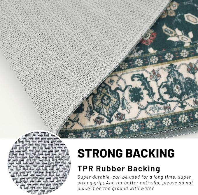 KUTA Vintage 2x3 Rugs for Entryway, Non-Slip Washable Kitchen Rugs & Indoor Door Mat with Floral Print, Green Beige Ultra Thin Soft Low-Pile Throw Rug for Front Door, Bedside, Small Spaces