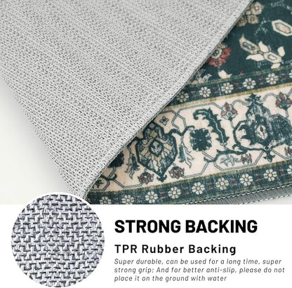 KUTA Vintage 2x3 Rugs for Entryway, Non-Slip Washable Kitchen Rugs & Indoor Door Mat with Floral Print, Green Beige Ultra Thin Soft Low-Pile Throw Rug for Front Door, Bedside, Small Spaces