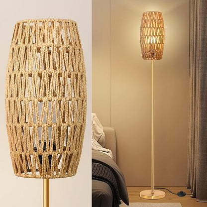Ruiever Floor Lamp for Living Room,Farmhouse Floor lamp,Modern Standing lamp with Hand-Worked Rattan Shade (Drum Rattan Shade Body Gold Color-3 Color Bulb)