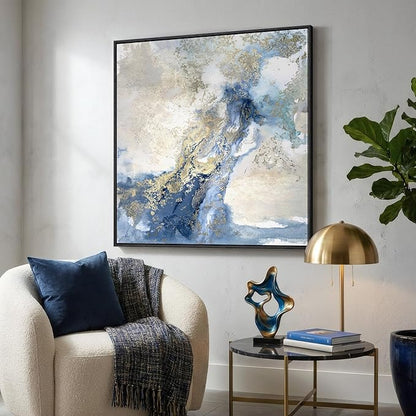 Extra Large Framed Blue Abstract Wall Art for Living Room, Oversized Square Modern Canvas Prints Paintings for Walls, Minimalist Blue White Gold Pictures for Dining Bedroom Hallway Wall Decor 40x40 In
