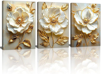 Modern White Floral Golden Leaves Canvas Wall Art Set, Neutral 3d Textured Flowers Wall Painting Pictures Boho Beige Blossom Wall Decor Posters Print Artwork for Bedroom Living Room Office 20x28x3Pcs