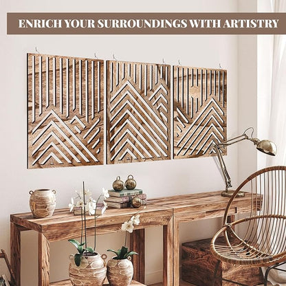3pcs Wooden Wall Art, Mountain Decor Single Line Minimalist Decors Mountain Wall Art, Abstract Mountain Line Wood Wall Decor Hanging for Living Room Bedroom Bathroom Home Decors (Walnut Brown)