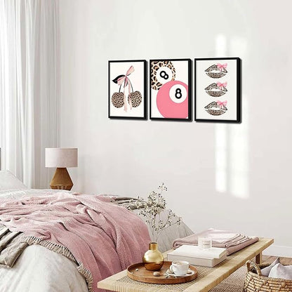 raiqtols Trendy Pink Leopard Bow Wall Art Prints Set of 3 – Funky Cherry and Lucky 8 Ball Posters, Coquette Preppy Aesthetic Pictures for Girls Bedroom Apartment Dorm Room Wall Decor – 16x24in