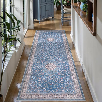 Tangsoo Vintage 2x6 Washable Runner Rug for Hallways,Blue Beige Non-Slip Low Pile Long Rug Runner,Floral Soft Indoor Carpet Runner for Kitchen Bedroom Entryway Laundry