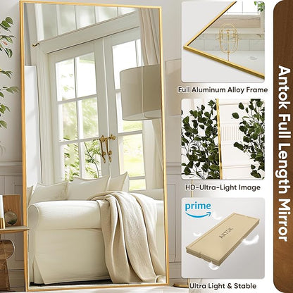 Antok Full Length Mirror, 78"x38" Oversized Floor Mirror Freestanding, Full Body Floor Standing Mirror with Stand, Hanging Mounted for Living Room Cloakroom,Gold,Rect Style