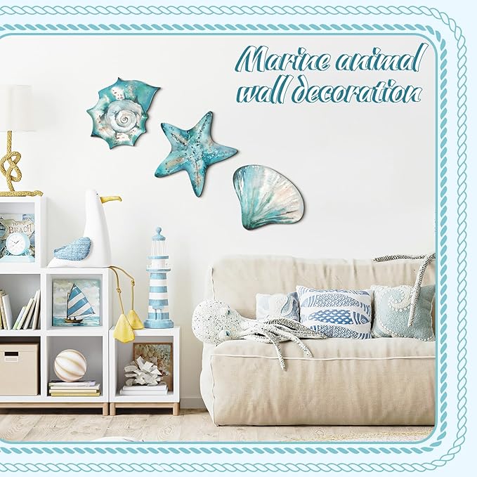 Tatuo 3 Pcs Summer Coastal Wall Decor Bathroom Beach Blue Wall Art Sea Turtle Surfboard Seahorse Starfish Seashell Conches Crabs Sea Life Decor for Bedroom Home (Shells,Conch,Starfish)