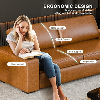 ELUCHANG 85" Faux Leather Couch, 2 Piece Mid-Century Modern Loveseat Sofa with Extra Deep Seat, Upholstered Cushion&Solid Wooden Frame, Comfy Couch for Living Room, Brown