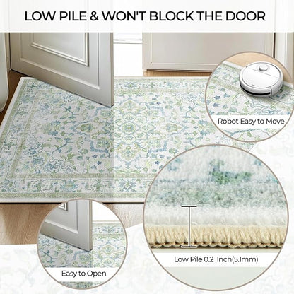 CAPALOCA Machine Washable Rugs Nursery Rug 4x6 Cute Girl Non Slip Low Pile Water Repellent Soft Print Pattern for Bedroom Indoor Decor Kids Playroom Green Blue