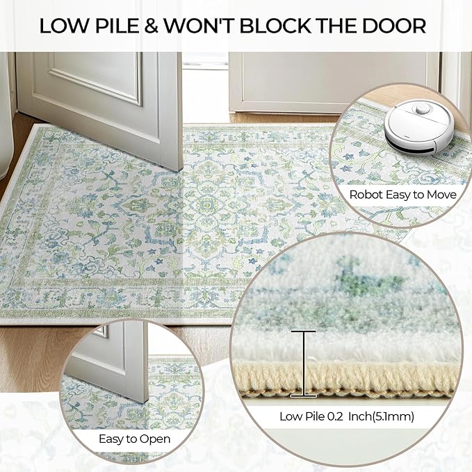 CAPALOCA Machine Washable Rugs Nursery Rug Sq5ft Cute Girl Non Slip Low Pile Water Repellent Soft Print Pattern for Bedroom Indoor Decor Kids Playroom Green Blue