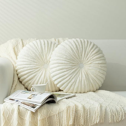 HIG Decorative Round Throw Pillows for Bed Couch - Set of 2 Handcraft Ruched Pumpkin Pillow, Soft and Durable Flannel Floor Pillow for Home Decor, Bed Living Room and Sofa (Off White,14.5"x14.5")