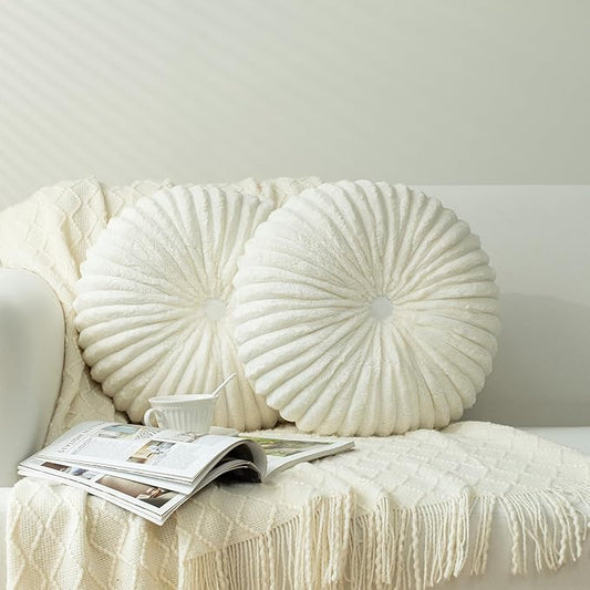 HIG Decorative Round Throw Pillows for Bed Couch - Set of 2 Handcraft Ruched Pumpkin Pillow, Soft and Durable Flannel Floor Pillow for Home Decor, Bed Living Room and Sofa (Off White,14.5"x14.5")