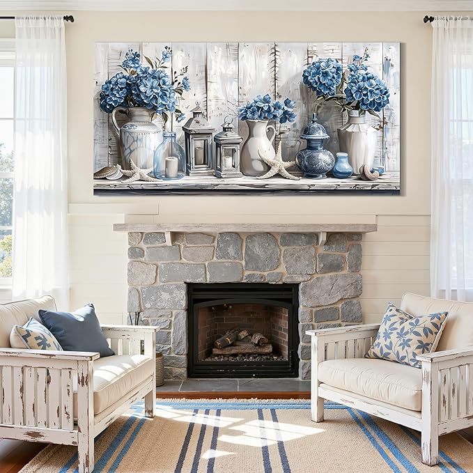 SERIMINO Extra Large Wall Art, Flower Wall Art, Nautical Wall Decor, Rustic Still Life Painting Prints, Blue Floral Starfish Pictures for Living Room Dining Room Modern Farmhouse Beach House 29"x57"