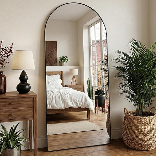 Arched Full Length Mirror 76 x 34 Inch, Full Body Mirror with Stand, Standing Hanging or Leaning Against Wall, Metal Frame Floor Mirror for Bedroom, Living Room, Cloakroom,Black