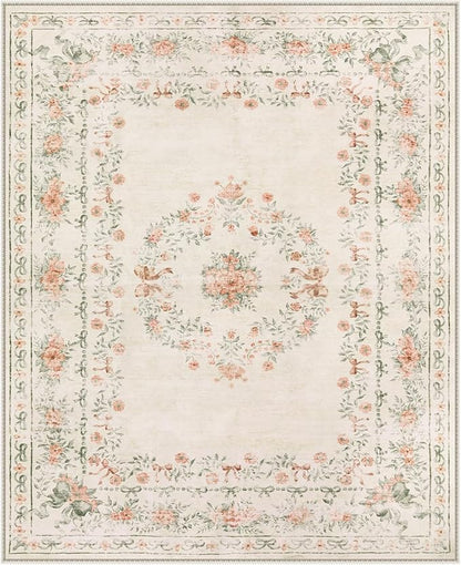 Wonnitar Floral Bow Print Washable 8x10 Rug, Beige Rugs for Living Room, Boho Non Slip Ultra-Thin Soft Neutral Carpet for Nursey Kids Room Dorm Living Room, Beige