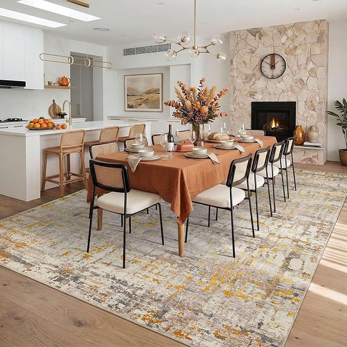 Rugxara 10x14 Extra Large Washable Area Rug, Soft Abstract Vintage Rug for Living Room, Bedroom, Office, Farmhouse, Low Pile Imitation Wool Non Slip Carpet Ideal for High-Traffic Areas, Beige Gold